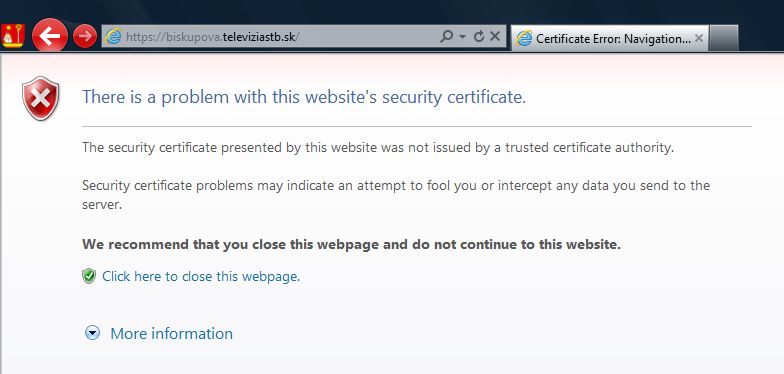 Príklad chyby skrz cert v IE 9ke
